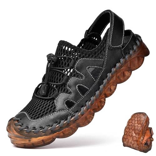 Herren Weiche Fischersandalen Atmungsaktive Sommer Sportsandalen Pu-Leder Mesh Strandschuhe Kollisionssicher Geschlossener Zehenbereich Outdoor Walking-Fahrschuhe,Schwarz,39 von wangdahua