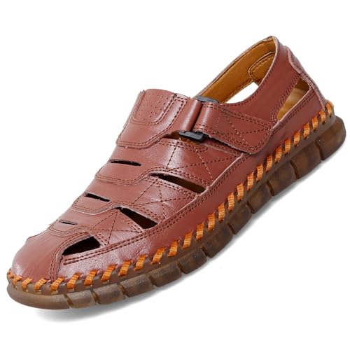 Herren Weichem Leder Sandalen Lässig Geschlossener Zehenbereich Strandschuhe Sommer Verstellbarer Riemen Atmungsaktiv Fischerschuhe Sport Rutschfest Flach Wanderschuhe für Wandern Trekking,Braun,39 von wangdahua