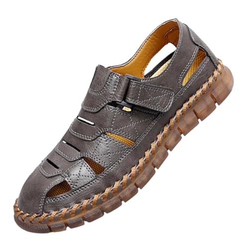 Herren Weichem Leder Sandalen Lässig Geschlossener Zehenbereich Strandschuhe Sommer Verstellbarer Riemen Atmungsaktiv Fischerschuhe Sport Rutschfest Flach Wanderschuhe für Wandern Trekking,Grau,43 von wangdahua