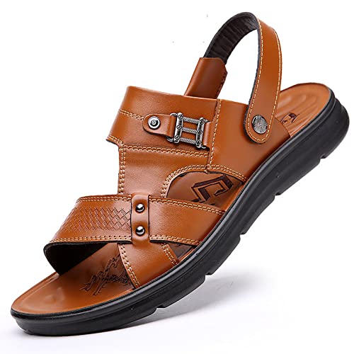 Herren Weichem PU-Leder Slipper Verstellbare Sandalen Rutschfeste Sommer Strandschuhe Peep-Toe Atmungsaktive Fischer-Sandalen für Spaziergänge im Freien, Sport, Wandern,Braun,42 von wangdahua