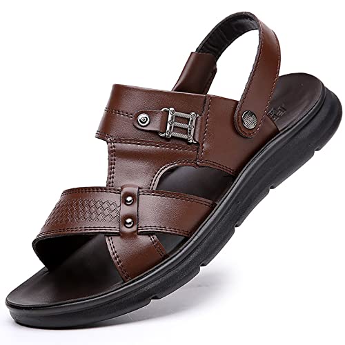 Herren Weichem PU-Leder Slipper Verstellbare Sandalen Rutschfeste Sommer Strandschuhe Peep-Toe Atmungsaktive Fischer-Sandalen für Spaziergänge im Freien, Sport, Wandern,Khaki,37 von wangdahua