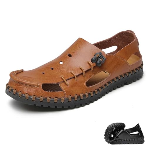 Herren Weichem Pu-Leder Sandalen Sommer Aushöhlung Sportliche Sandalen Kollisionssicher Geschlossener Zehenbereich Fischerschuhe Leichte Atmungsaktive Strandschuhe Zum Gehen, Fahren,Braun,38 von wangdahua