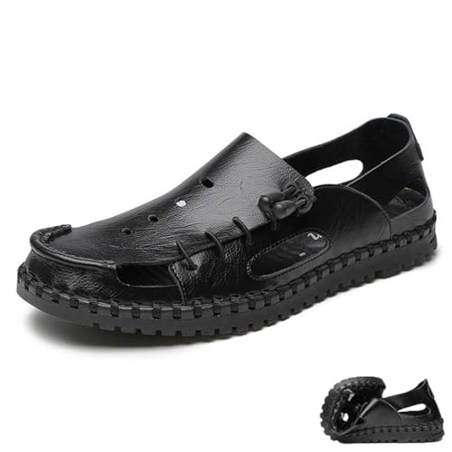 Herren Weichem Pu-Leder Sandalen Sommer Aushöhlung Sportliche Sandalen Kollisionssicher Geschlossener Zehenbereich Fischerschuhe Leichte Atmungsaktive Strandschuhe Zum Gehen, Fahren,Schwarz,38 von wangdahua