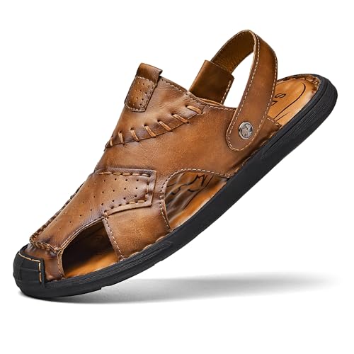 Herren Weichem Pu-Leder Sandalen Verstellbare Hausschuhe Leichte Atmungsaktive Strandschuhe Geschlossener Zehenpartie Sommer Fischer-Sandalen Rutschfeste Wasserschuhe,Braun,40 von wangdahua