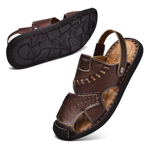 Herren Weichem Pu-Leder Sandalen Verstellbare Hausschuhe Leichte Atmungsaktive Strandschuhe Geschlossener Zehenpartie Sommer Fischer-Sandalen Rutschfeste Wasserschuhe,Khaki,38 von wangdahua