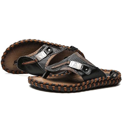 Orthopädische Hausschuhe für Herren, Weiche PU-Leder Flip-Flops Draussen Leichte Flache Strandschuhe Rutschfeste Sommer Tanga Sandalen Slippers mit Fußgewölbestütze,Schwarz,38 von wangdahua