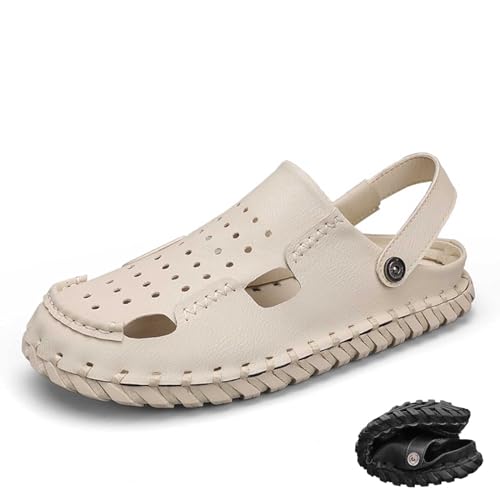 wangdahua Herren Fischer Sandalen Hausschuhe Verstellbar Geschlossener Zehenbereich Strand Hausschuhe Sommer Weiches Pu-Leder Sportliche Sandalen Anti-Kollisions Slip-On Wandersandalen,Beige,40 von wangdahua