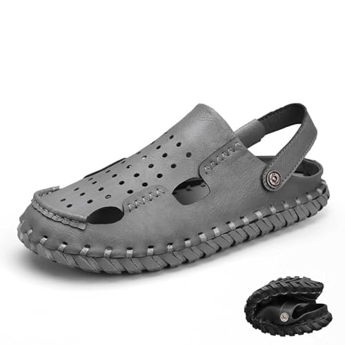 wangdahua Herren Fischer Sandalen Hausschuhe Verstellbar Geschlossener Zehenbereich Strand Hausschuhe Sommer Weiches Pu-Leder Sportliche Sandalen Anti-Kollisions Slip-On Wandersandalen,Grau,38 von wangdahua