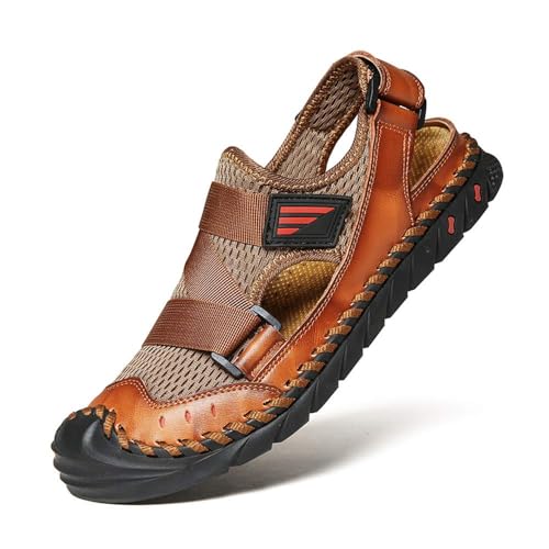 wangdahua Herren Fischer Strandsandalen Verstellbar Geschlossener Zehenbereich Sandalen PU-Leder Rutschfest Ausgehöhlt Wasserschuhe Sommer Outdoor Anti-Kollisions Wandern Sportliche Sandalen,Khaki,44 von wangdahua