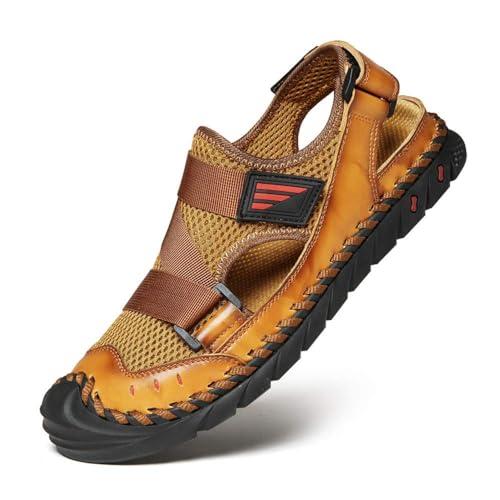 wangdahua Herren Fischer Strandsandalen Verstellbar Geschlossener Zehenbereich Sandalen PU-Leder Rutschfest Ausgehöhlt Wasserschuhe Sommer Outdoor Anti-Kollisions Wandern Sportliche Sandalen,Braun,41 von wangdahua