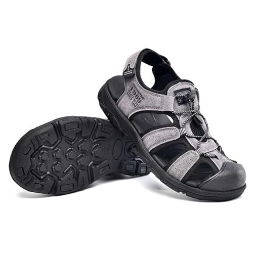 wangdahua Herren Geschlossenem Zehenbereich Fischer Sandalen PU-Leder Sommer Wandern Sportliche Sandalen Kollisionssicher Verstellbare Strandsandalen Ausgehöhlt Rutschfest Wasserschuhe,Grau,45 von wangdahua