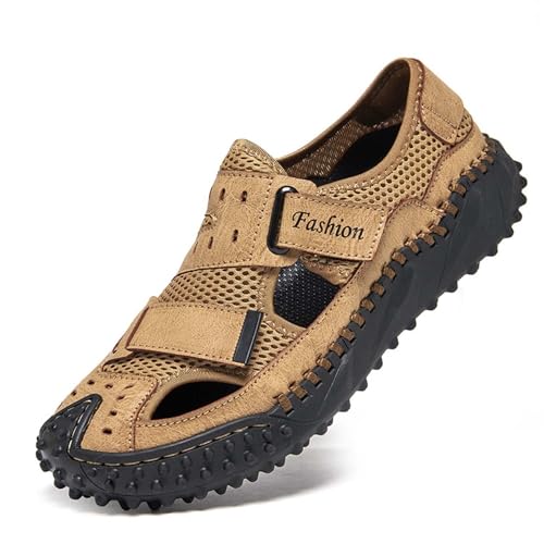 wangdahua Herren Geschlossenem Zehenbereich Fischersandalen Sommer Ausgehöhlte Strandsandalen Pu-Leder Mesh Atmungsaktiv Sportliche Sandalen Leichte Wasserschuhe,Braun,41 von wangdahua