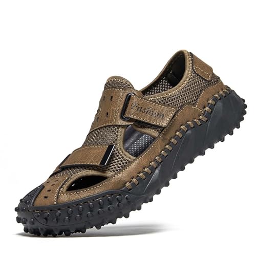 wangdahua Herren Geschlossenem Zehenbereich Fischersandalen Sommer Ausgehöhlte Strandsandalen Pu-Leder Mesh Atmungsaktiv Sportliche Sandalen Leichte Wasserschuhe,Khaki,38 von wangdahua