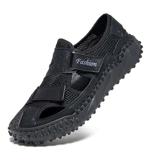 wangdahua Herren Geschlossenem Zehenbereich Fischersandalen Sommer Ausgehöhlte Strandsandalen Pu-Leder Mesh Atmungsaktiv Sportliche Sandalen Leichte Wasserschuhe,Schwarz,41 von wangdahua