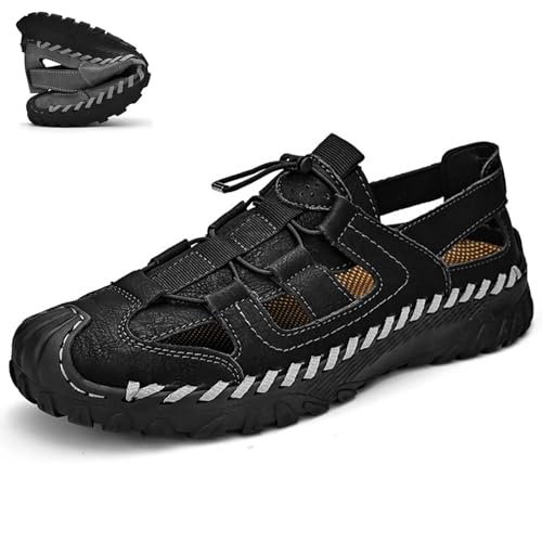 wangdahua Herren Geschlossenem Zehenbereich Fischersandalen Weichem Pu-Leder Strandsandalen Leichte Sommer Trail Sandalen Sportliche Sandalen Rutschfeste Strand- Wasserschuhe,Schwarz,44 von wangdahua