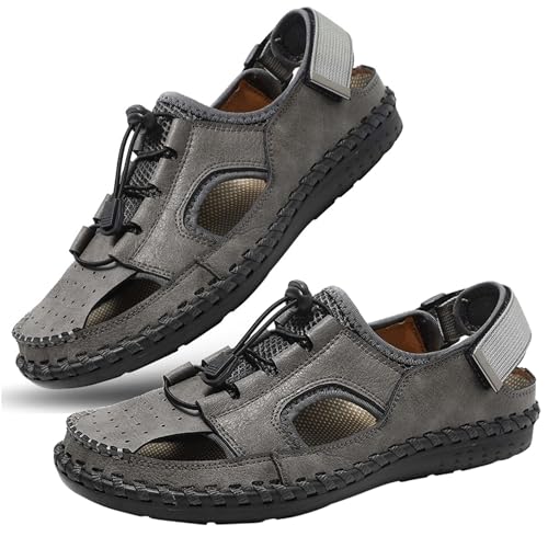 wangdahua Herren Geschlossener Zehenpartie Sandalen Sportliche Sportsandalen, Atmungsaktive Sommer Fischer-Strandschuhe Rutschfeste Leichte Wasserschuhe Weiche Wandersandalen Aus Pu-Leder,Grau,45 von wangdahua