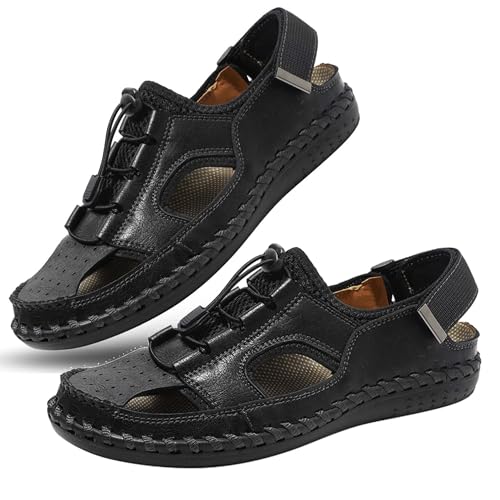 wangdahua Herren Geschlossener Zehenpartie Sandalen Sportliche Sportsandalen, Atmungsaktive Sommer Fischer-Strandschuhe Rutschfeste Leichte Wasserschuhe Weiche Wandersandalen Aus Pu-Leder,Schwarz,41 von wangdahua