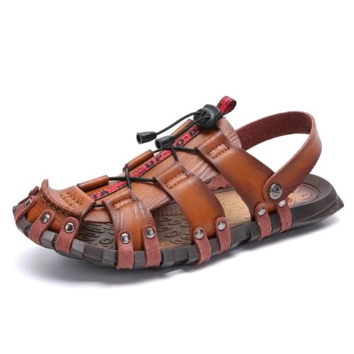 wangdahua Herren PU-Leder Fischer Sandalen Sommer Verstellbare Hausschuhe Rutschfest Geschlossener Zehenbereich Strand Wasserschuhe Lässige Outdoor Anti-Kollisions Sportsandalen,Braun,42 von wangdahua