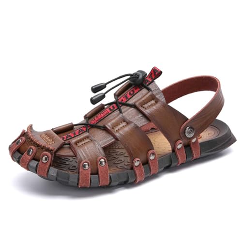 wangdahua Herren PU-Leder Fischer Sandalen Sommer Verstellbare Hausschuhe Rutschfest Geschlossener Zehenbereich Strand Wasserschuhe Lässige Outdoor Anti-Kollisions Sportsandalen,Khaki,38 von wangdahua