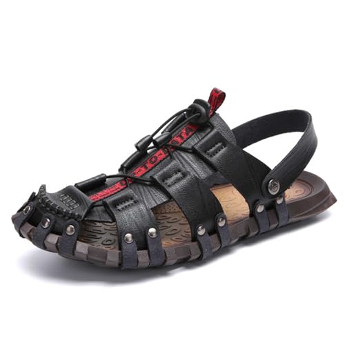 wangdahua Herren PU-Leder Fischer Sandalen Sommer Verstellbare Hausschuhe Rutschfest Geschlossener Zehenbereich Strand Wasserschuhe Lässige Outdoor Anti-Kollisions Sportsandalen,Schwarz,41 von wangdahua