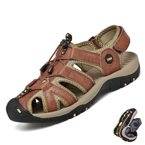 wangdahua Herren PU-Leder Sportsandalen Geschlossener Zehenbereich Fischer-Strandsandalen Anti-Kollisions Ausgehöhlte Wasserschuhe Sommer Rutschfeste Outdoor Wandersandalen Verstellbar,Braun,45 von wangdahua