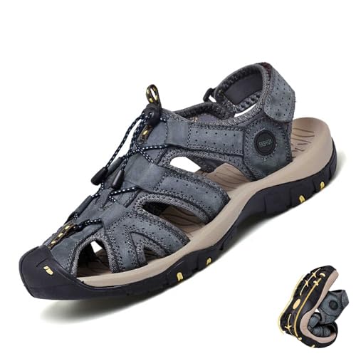 wangdahua Herren PU-Leder Sportsandalen Geschlossener Zehenbereich Fischer-Strandsandalen Anti-Kollisions Ausgehöhlte Wasserschuhe Sommer Rutschfeste Outdoor Wandersandalen Verstellbar,Grau,38 von wangdahua