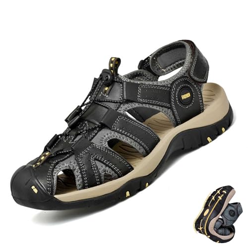 wangdahua Herren PU-Leder Sportsandalen Geschlossener Zehenbereich Fischer-Strandsandalen Anti-Kollisions Ausgehöhlte Wasserschuhe Sommer Rutschfeste Outdoor Wandersandalen Verstellbar,Schwarz,38 von wangdahua