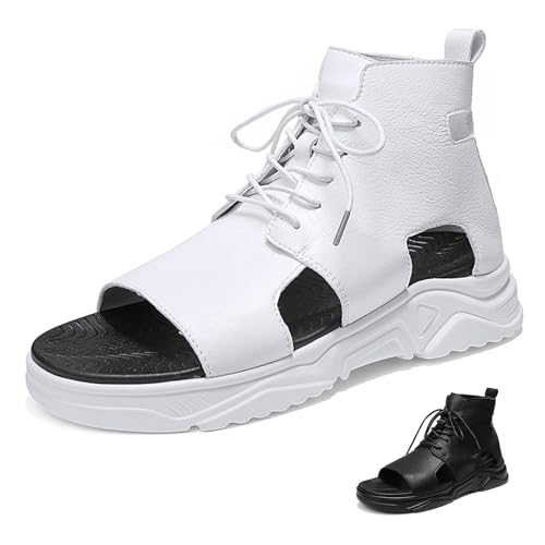 wangdahua Herren Plattform Sandalen Pu-Leder Gladiator Römer Sandalen Schnür-High-Top Sandalen Rutschfeste Offene Zehen Lässige Strandschuhe,Weiß,44 von wangdahua