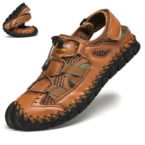 wangdahua Herren Pu-Leder Sandalen Sommer Geschlossene Zehen Fischerschuhe Leichte Rutschfeste Strandsandalen Anti-Rutsch Wasserschuhe Antikollisions Outdoor Wander-Sportsandalen,Braun,39 von wangdahua