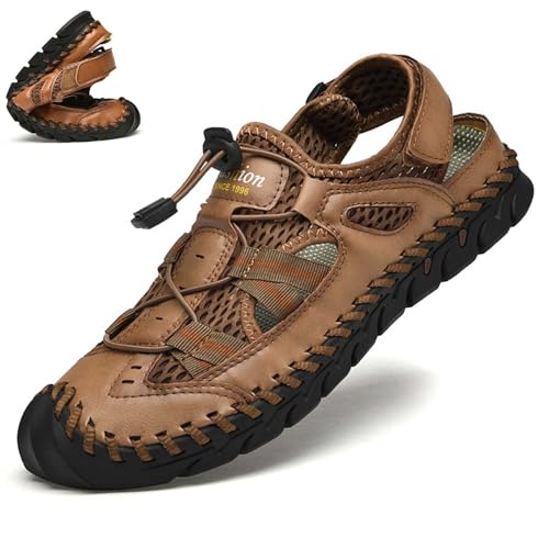 wangdahua Herren Pu-Leder Sandalen Sommer Geschlossene Zehen Fischerschuhe Leichte Rutschfeste Strandsandalen Anti-Rutsch Wasserschuhe Antikollisions Outdoor Wander-Sportsandalen,Khaki,38 von wangdahua