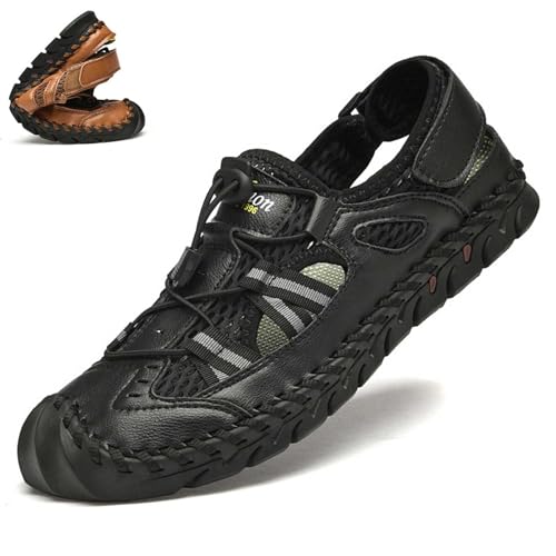 wangdahua Herren Pu-Leder Sandalen Sommer Geschlossene Zehen Fischerschuhe Leichte Rutschfeste Strandsandalen Anti-Rutsch Wasserschuhe Antikollisions Outdoor Wander-Sportsandalen,Schwarz,39 von wangdahua