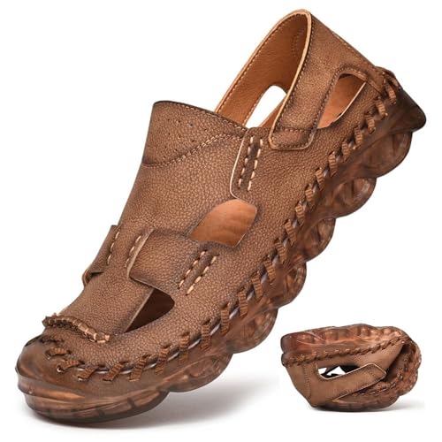 wangdahua Herren Strandsandalen Sommer Geschlossener Zehenbereich Fischerschuhe Pu-Leder Atmungsaktiv Sportliche Sandalen Ausgehöhlte Wasserschuhe Anti-Kollisions Wandersandalen,Braun,39 von wangdahua