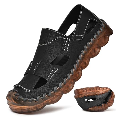 wangdahua Herren Strandsandalen Sommer Geschlossener Zehenbereich Fischerschuhe Pu-Leder Atmungsaktiv Sportliche Sandalen Ausgehöhlte Wasserschuhe Anti-Kollisions Wandersandalen,Schwarz,38 von wangdahua