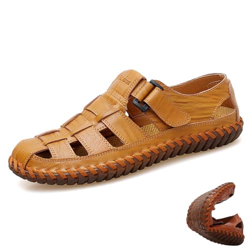 wangdahua Herren Weichem Pu-Leder Sandalen Atmungsaktiv Sommer Fischerschuhe Geschlossener Zehenbereich Ausgehöhlte Strandsandalen Kollisionssicher Leicht Sportliche Sandalen,Khaki,39 von wangdahua