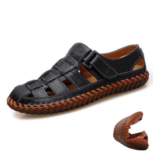 wangdahua Herren Weichem Pu-Leder Sandalen Atmungsaktiv Sommer Fischerschuhe Geschlossener Zehenbereich Ausgehöhlte Strandsandalen Kollisionssicher Leicht Sportliche Sandalen,Schwarz,47 von wangdahua