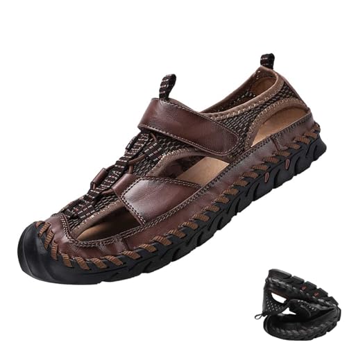 wangdahua Herren Weichem Pu-Leder Sandalen Sommer Geschlossener Zehenbereich Fischerschuhe Rutschfeste Strand Wasserschuhe Anti-Kollisions Outdoor Wandersport Sandalen,Khaki,38 von wangdahua