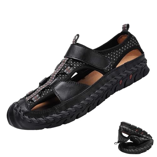 wangdahua Herren Weichem Pu-Leder Sandalen Sommer Geschlossener Zehenbereich Fischerschuhe Rutschfeste Strand Wasserschuhe Anti-Kollisions Outdoor Wandersport Sandalen,Schwarz,43 von wangdahua