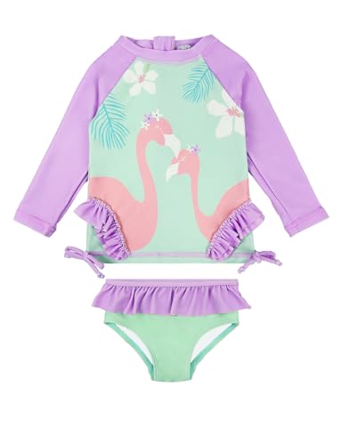 weVSwe Baby Badeanzug Mädchen Schwimmanzug Sets UV 50 Zweiteiler Langarm schutzkleidung Baby Rüschen Badeanzug Lila Flamingo Neugeborene 0-6 Monate von weVSwe