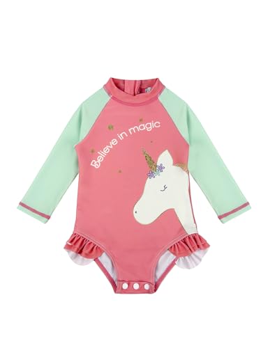 weVSwe Baby Badeanzug Mädchen UV Schutz Kleidung Einteiliger Baby Langarm Rüschen Schwimmanzug SPF 50+ Sonnenschutz Rosa Grünes Einhorn Neugeborenes 18-24 Monate von weVSwe