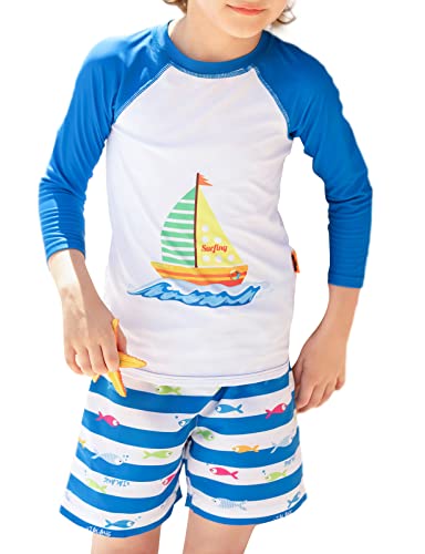 weVSwe Jungen Sonnenschutz Shirt Rash UPF 50+ Rashguard Lange Ärmel Blau Kinder Badeanzug Set Segelboot 6 Jahre von weVSwe