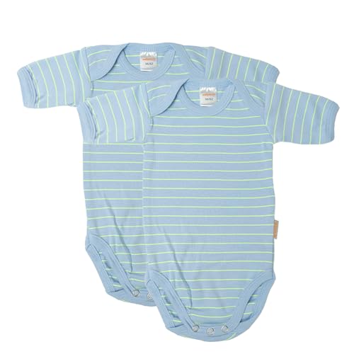 wellyou – Kurzarmbody Baby & Kinder aus 100% Baumwolle – Babybody für Mädchen & Jungen – 2er Set Kurzarm Baby Body in Größe 50-134 – Made in EU (Hellblau Neongelb gestreift | gr 104-110) von wellyou