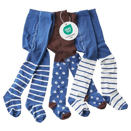 wellyou Baby- und Kinderstrumpfhosen 3er Set für Jungen braun/blau Anker Größe 62-104, made in Europe von wellyou