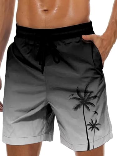 werfami Badeshorts Herren Badehose Lang Schnelltrocknend Boardshorts Urlaub Freizeit Short Männer Strand Shorts mit Mesh-Futter Schwarz Grau Verlaufsfarbe L von werfami