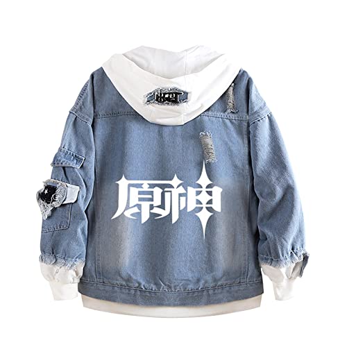 westtrend Genshin Impact Denim Hoodie Jacke Unisex Casual Gefälschte Zwei Sweatshirts Anime Print Kapuzenjeans Mantel von westtrend