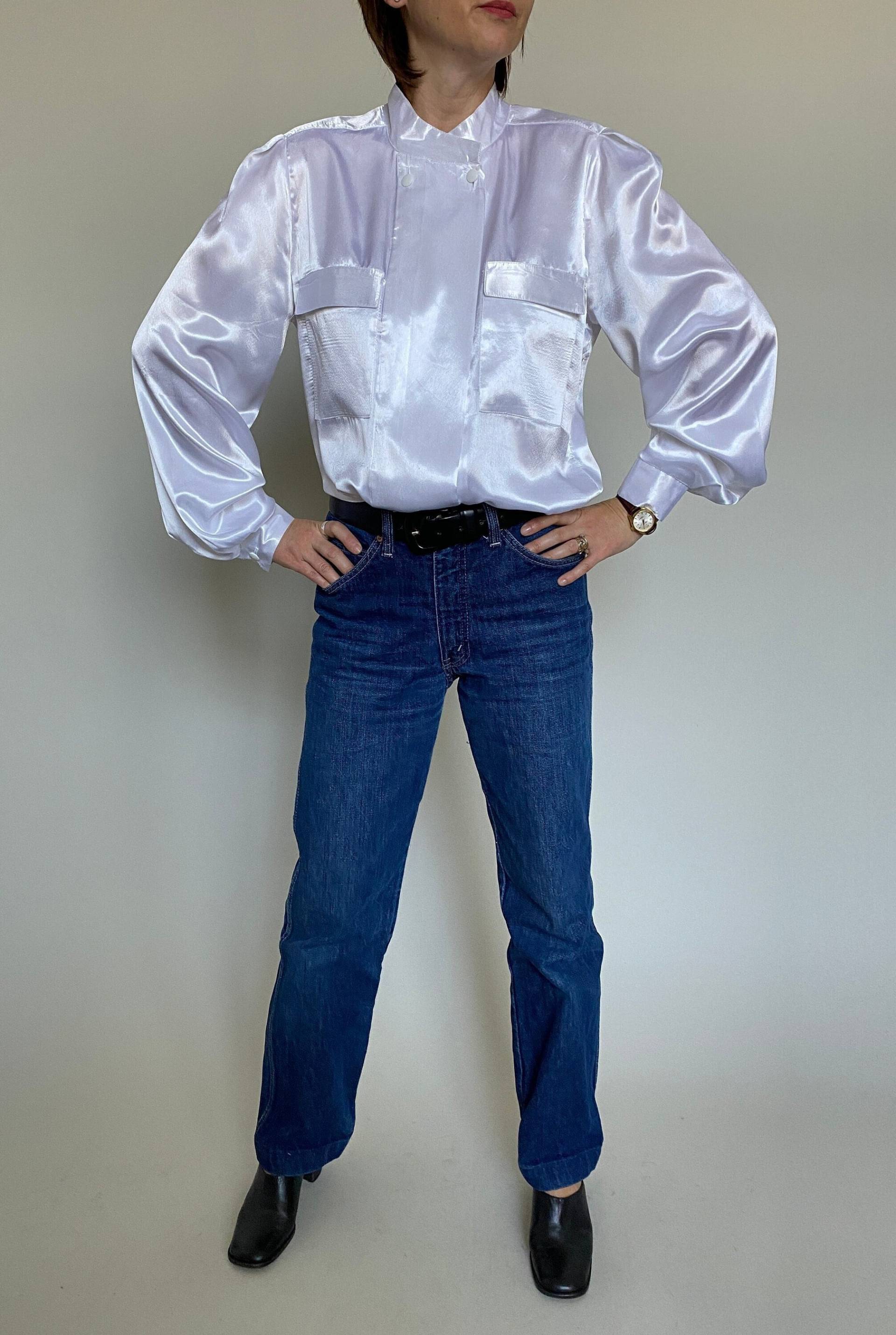 Flüssige Weiße Bluse Für Damen Gr. 12 Uk | Vintage Weiße Doppelreiher Mit Großen Brusttaschen Und Mandarinkragen von whiteaporter