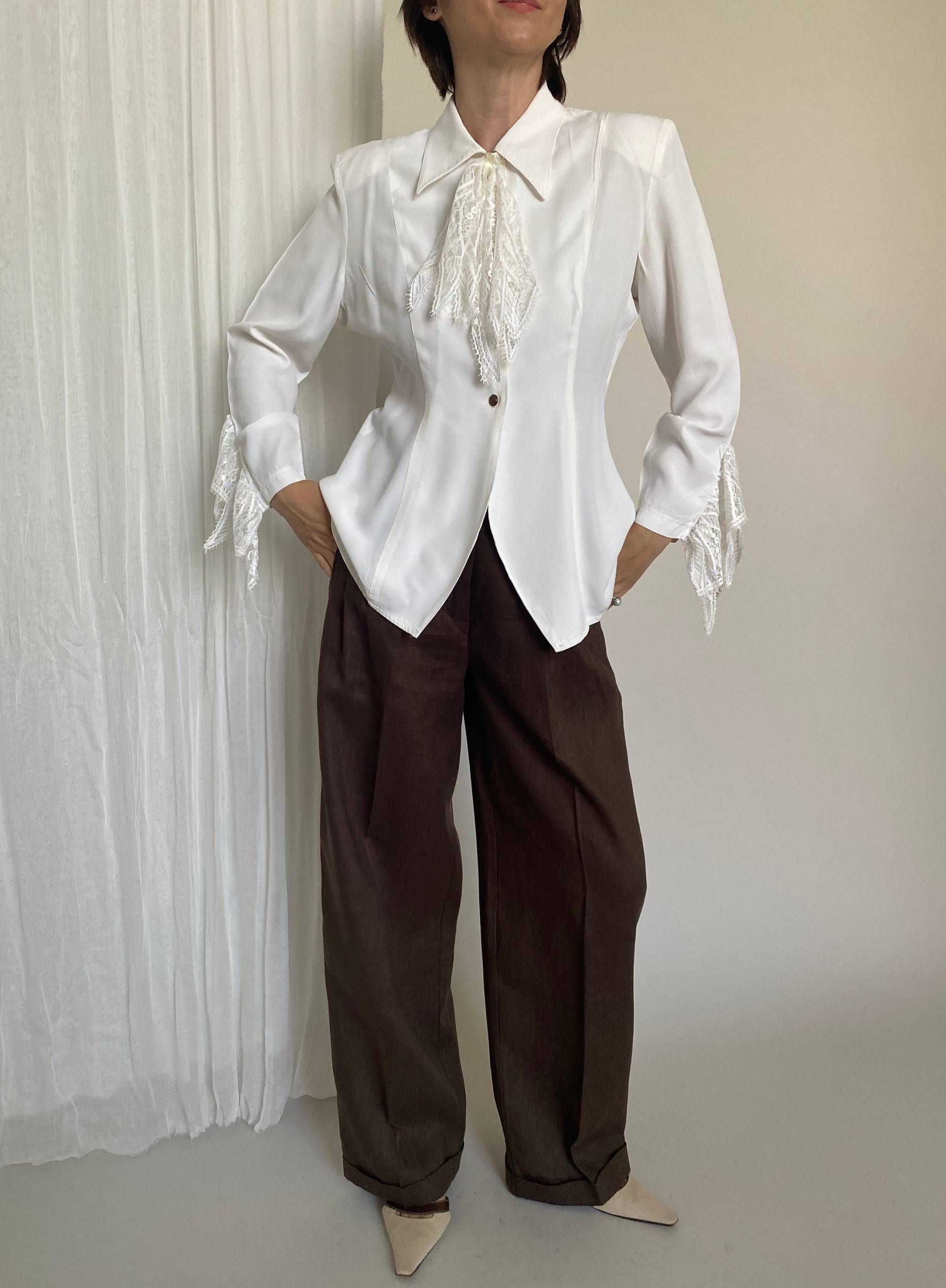 Vintage Weiße Bluse Mit Spitze Jabot | Damen Weiß Gr. M Ftv1584 von whiteaporter