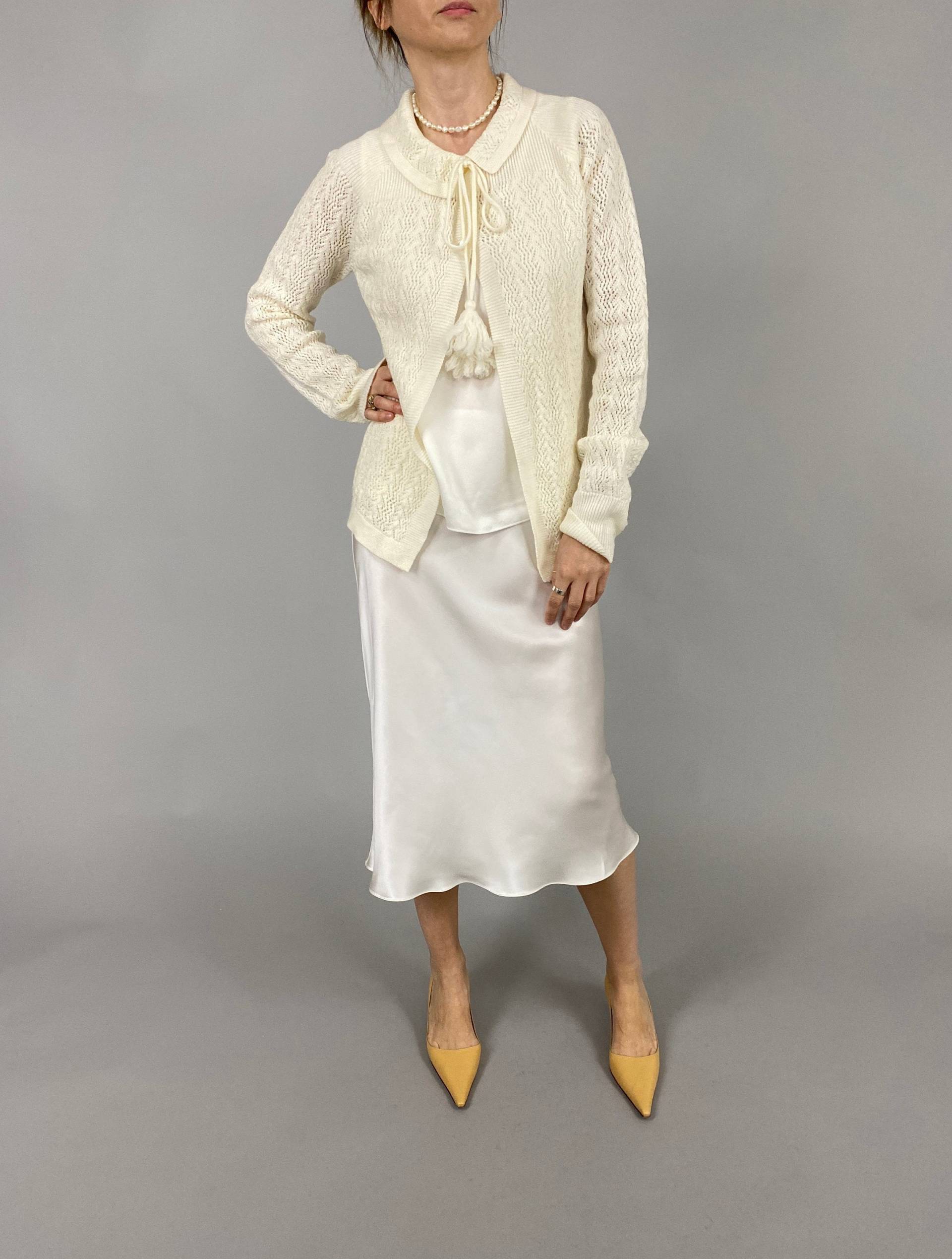 Vintage Weiße Wolle Cardigan Für Frauen Größe S von whiteaporter