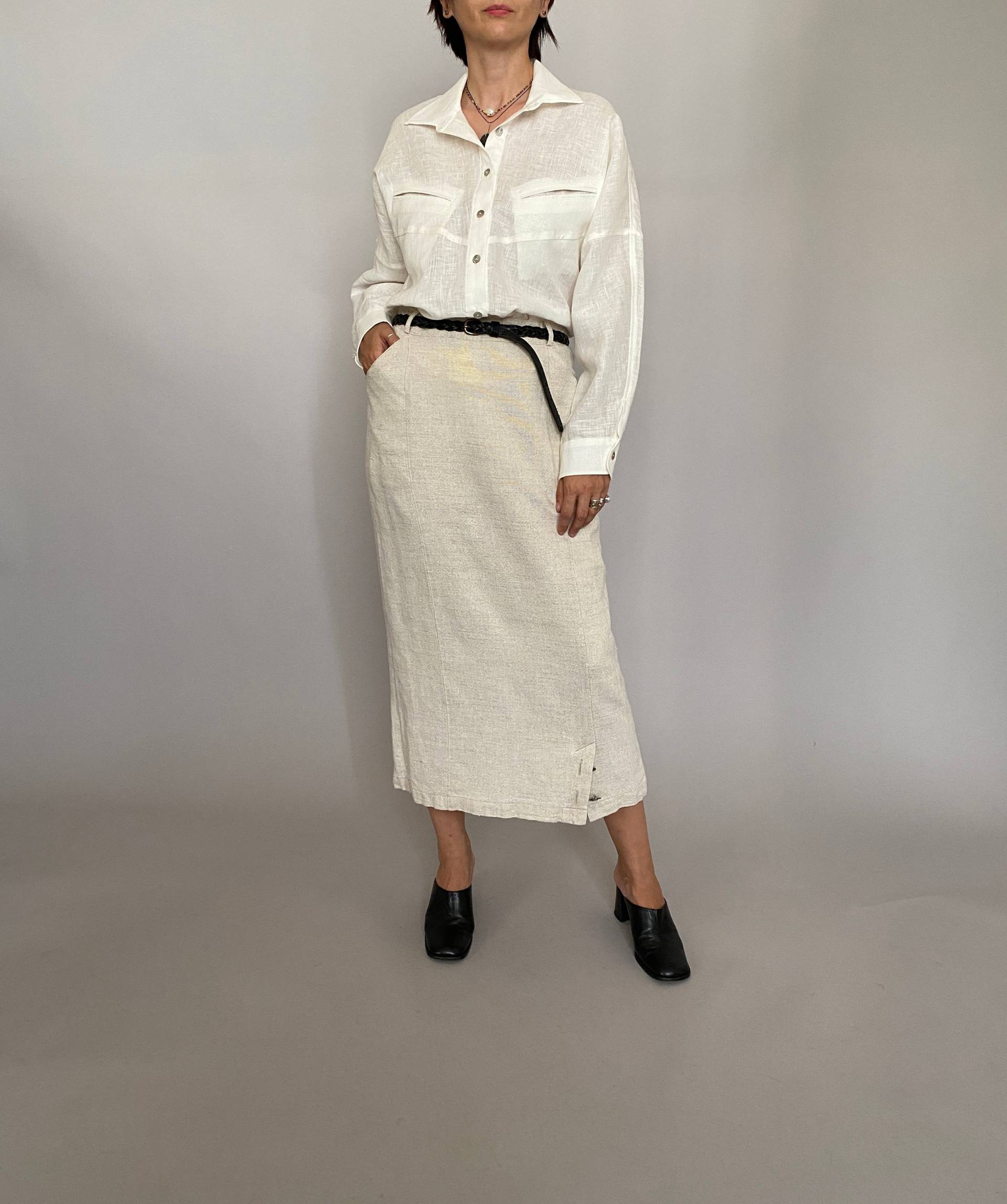 Vintage Weißer Leinenrock Für Damen Gr. S | Mid Calf Mit Taschen - Wap168 von whiteaporter
