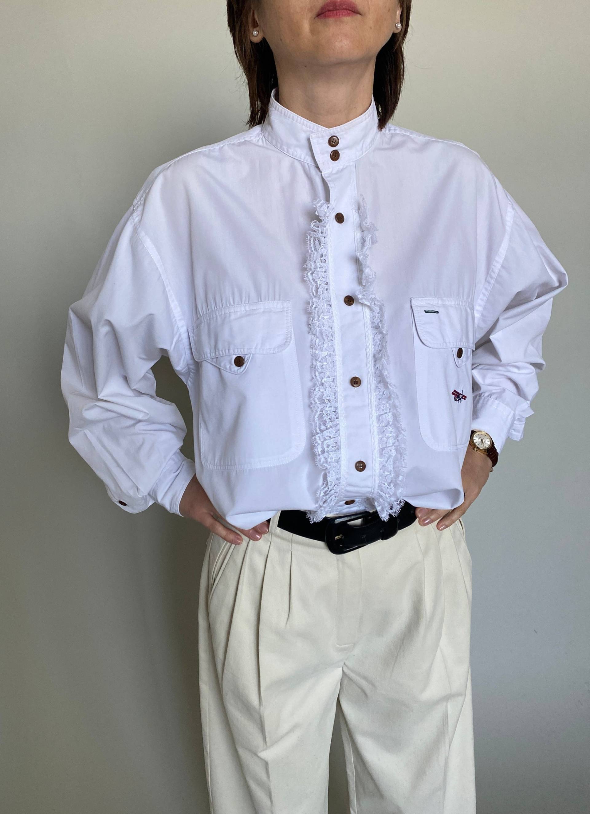 Vintage Weißes Baumwollshirt Für Frauen Mit Spitzenbesatz | Weiße Bluse Niedlicher Stickerei von whiteaporter
