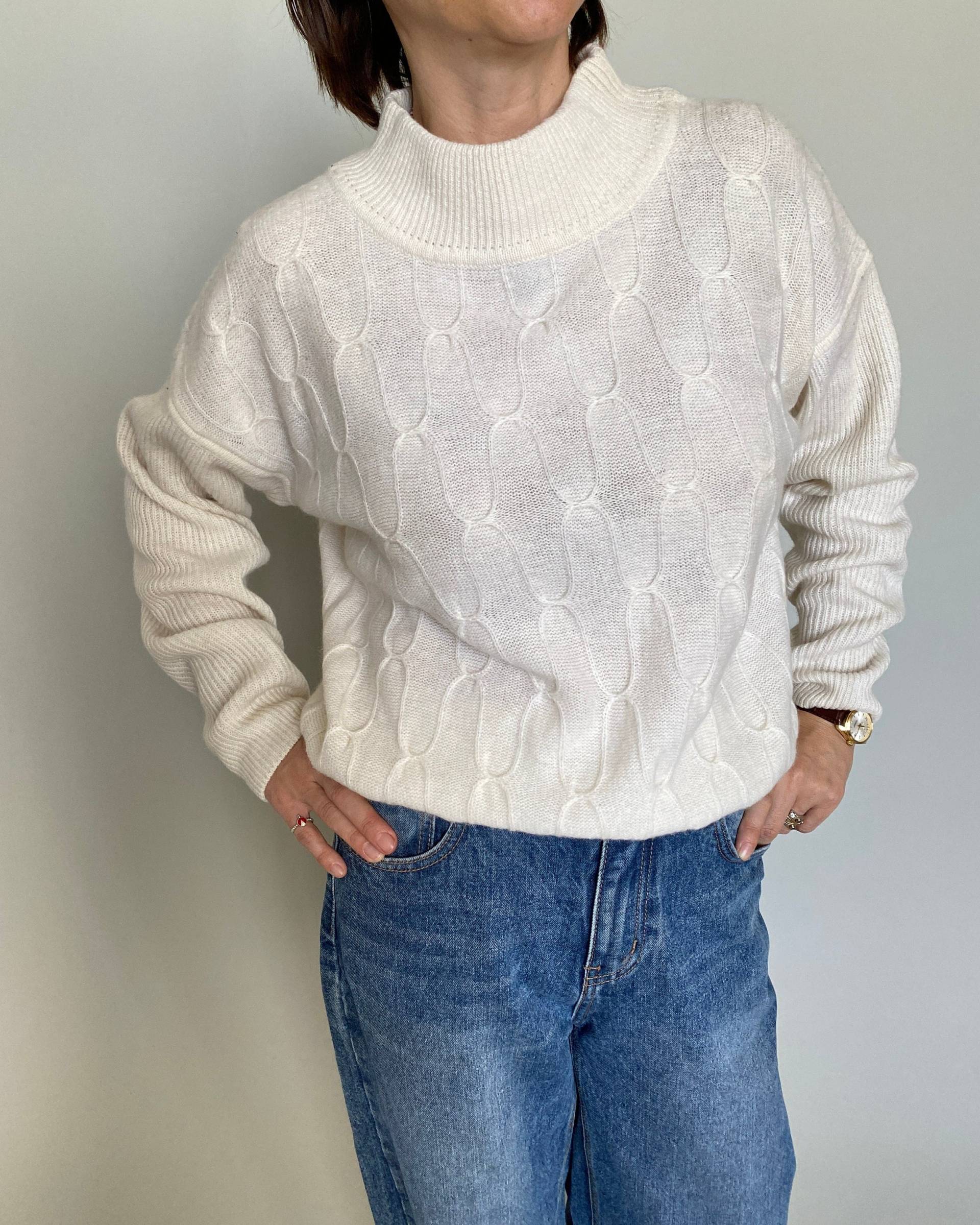 Weißer Mockneck Pullover Für Frauen Größe M | Vintage Woll-Angora Ftv1581 von whiteaporter